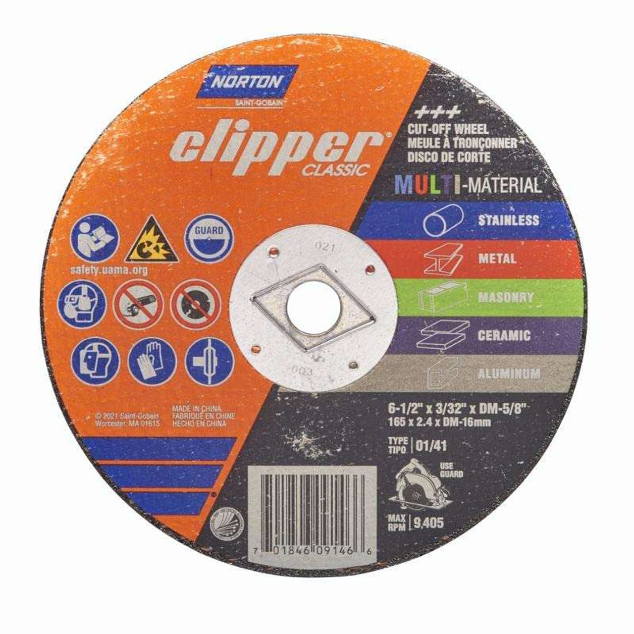 NORTON CLIPPER CLASSIC 09146 Cut-Off Wheel, 6-1/2" x 3/32" x DM-5/8", Type 01/41, Multi-Material