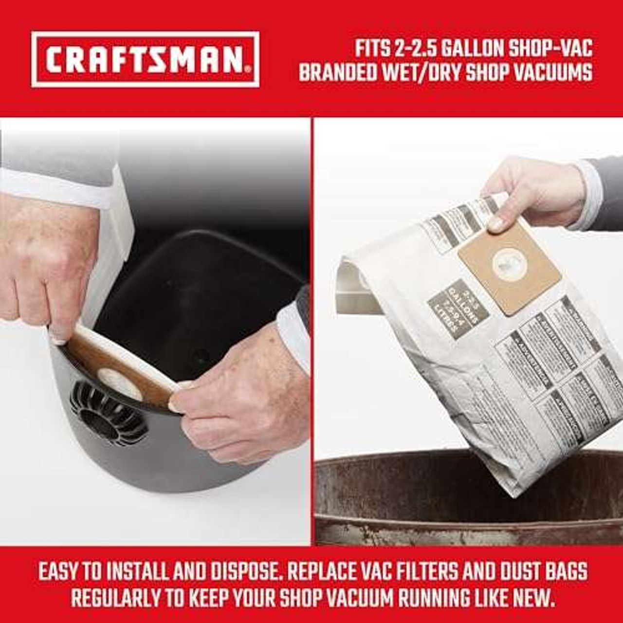 CRAFTSMAN (CMXZVBE38774) 3-Pk General Purpose Wet Dry Vac Dust Collection Bags for Most 2 to 2.5 Gallon Shop Vacuums, Collects Dry Only Debris, Reduces Cleanup Time