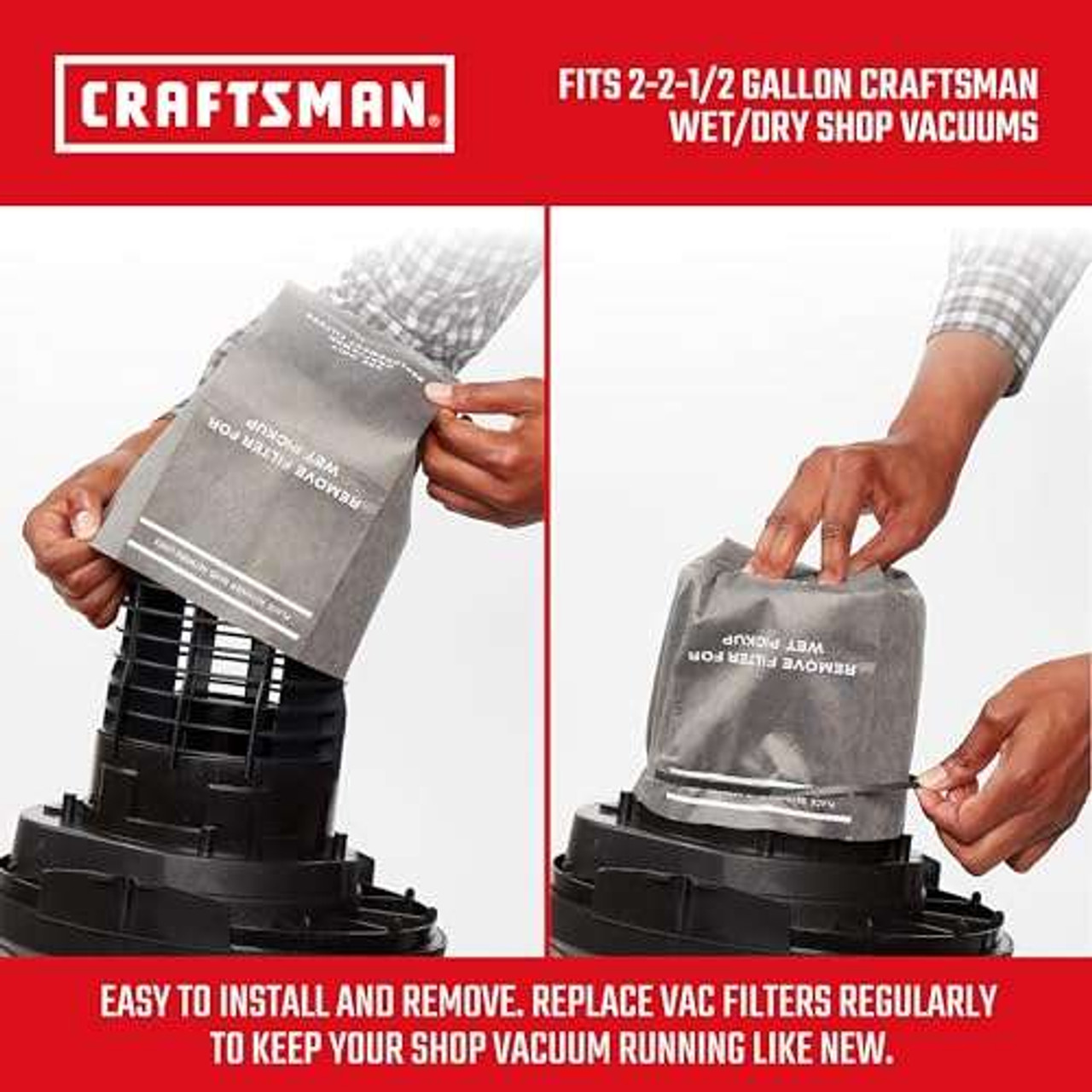 CRAFTSMAN CMXZVBE38737 Genuine General Debris Wet Dry Vac Replacement Filter Bags with Retaining Band for Most CRAFTSMAN 2 to 2.5 Gallon Shop Vacuums and Powerhead Bucket Vac, 3-Pack