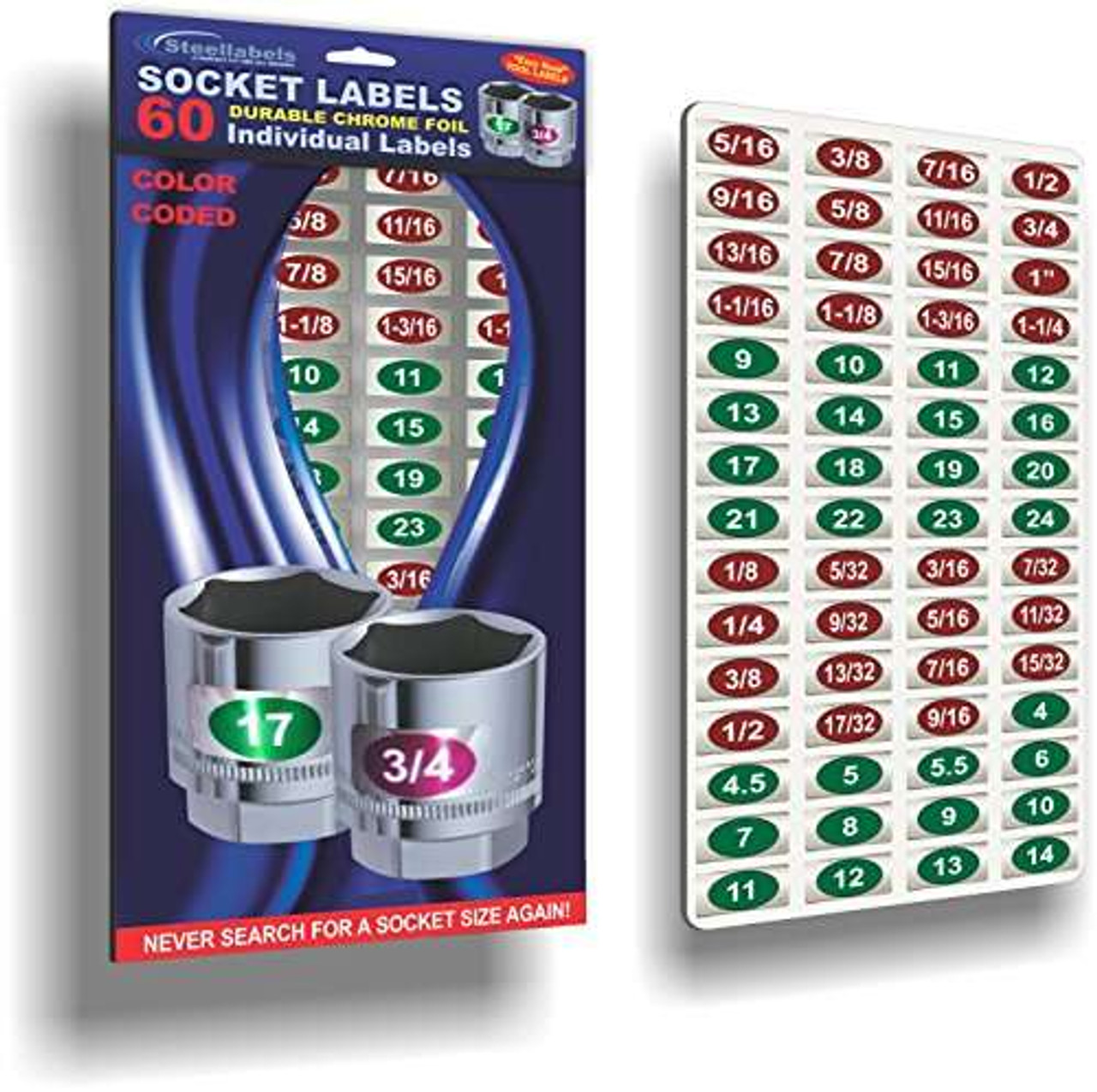 Chrome Socket Labels - (60-Labels) Green Edition tough chrome foil tool decals, great for mechanics & homeowners, Socket Set stickers that fit all brands of fine tools