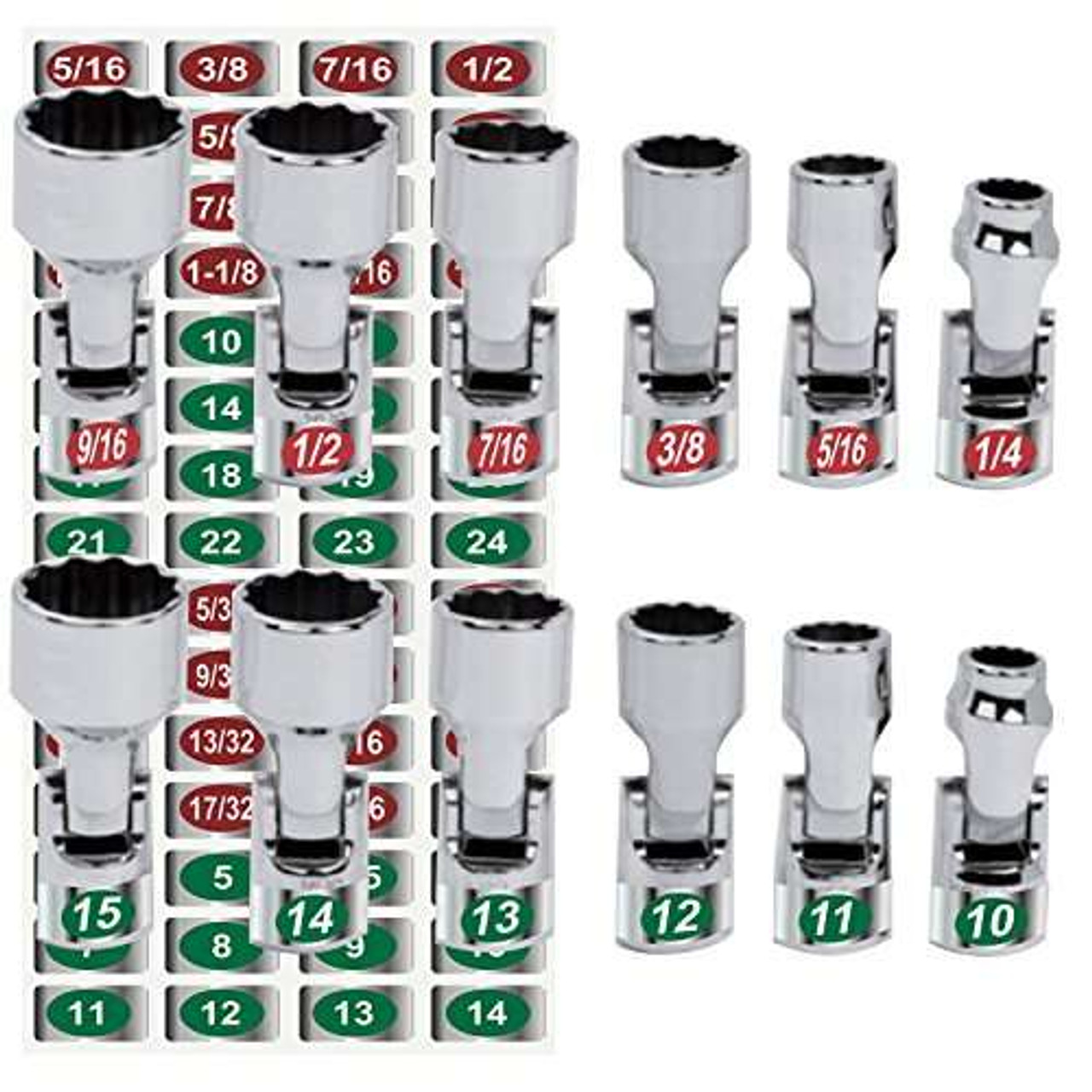 Chrome Socket Labels - (60-Labels) Green Edition tough chrome foil tool decals, great for mechanics & homeowners, Socket Set stickers that fit all brands of fine tools