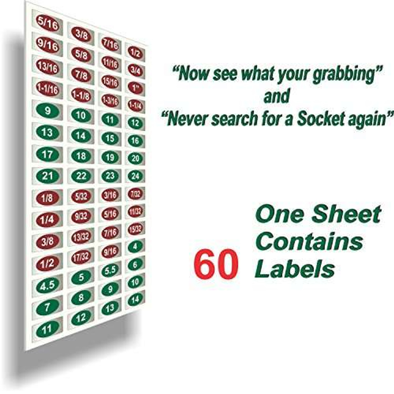 Chrome Socket Labels - (60-Labels) Green Edition tough chrome foil tool decals, great for mechanics & homeowners, Socket Set stickers that fit all brands of fine tools