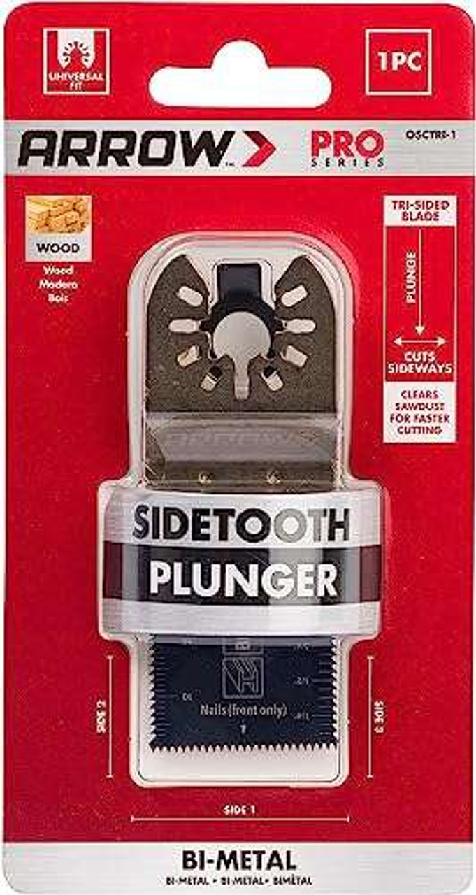 Arrow OSCTRI-1 Bi-Metal Oscillating Tool Sidetooth Plunger Saw Blade for Wood and PVC Pipe, Universal, Fits Most Multitools, Includes Adapter, 1-5/16 Inch
