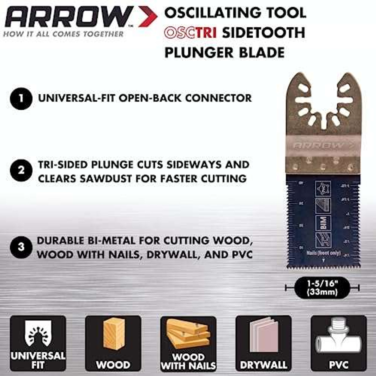 Arrow OSCTRI-1 Bi-Metal Oscillating Tool Sidetooth Plunger Saw Blade for Wood and PVC Pipe, Universal, Fits Most Multitools, Includes Adapter, 1-5/16 Inch