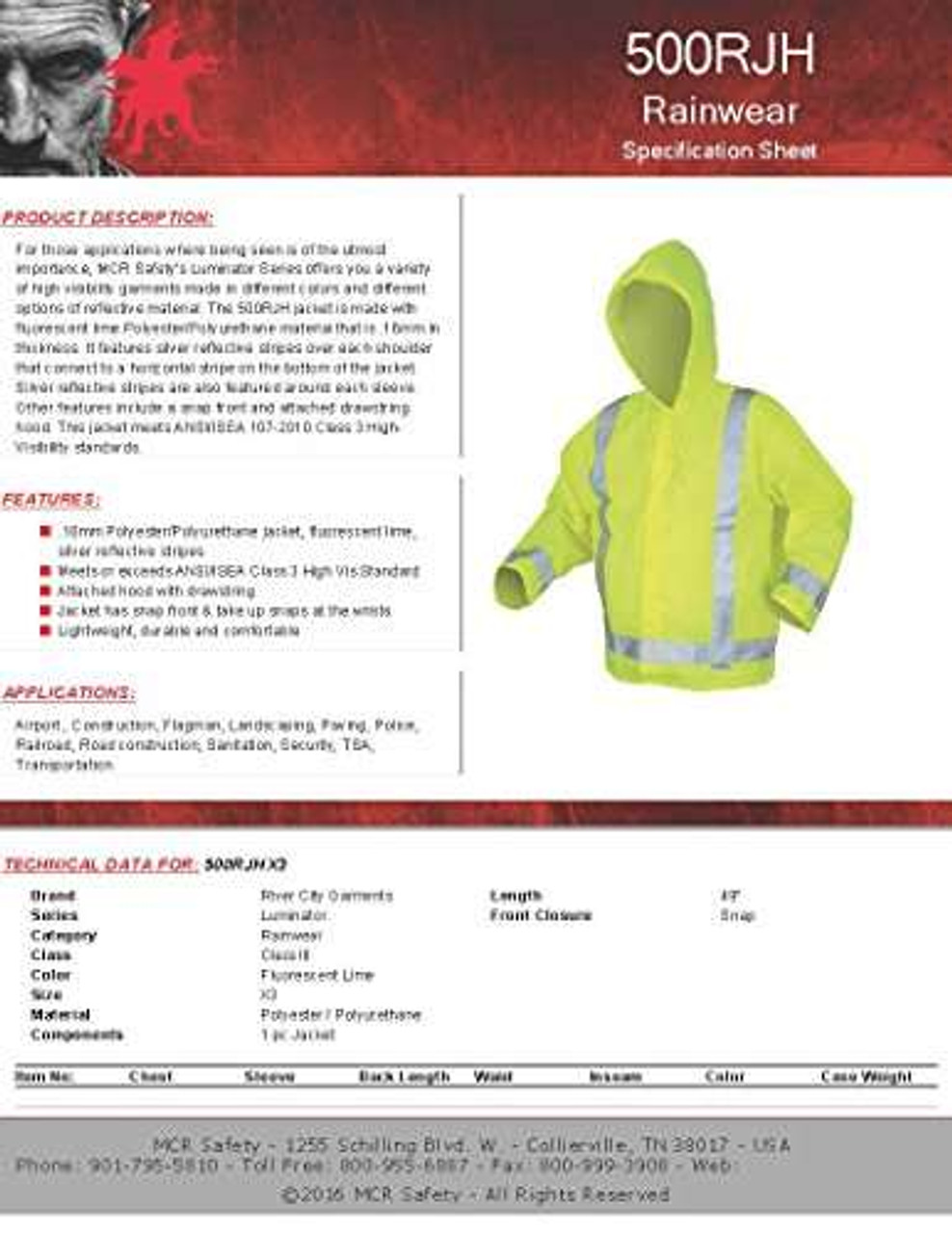 MCR Safety 500RJHX3 Luminator Class 3 Polyester/Polyurethane Jacket with Attached Hood and 3M Silver Reflective Stripes, Lime Green, 3X-Large