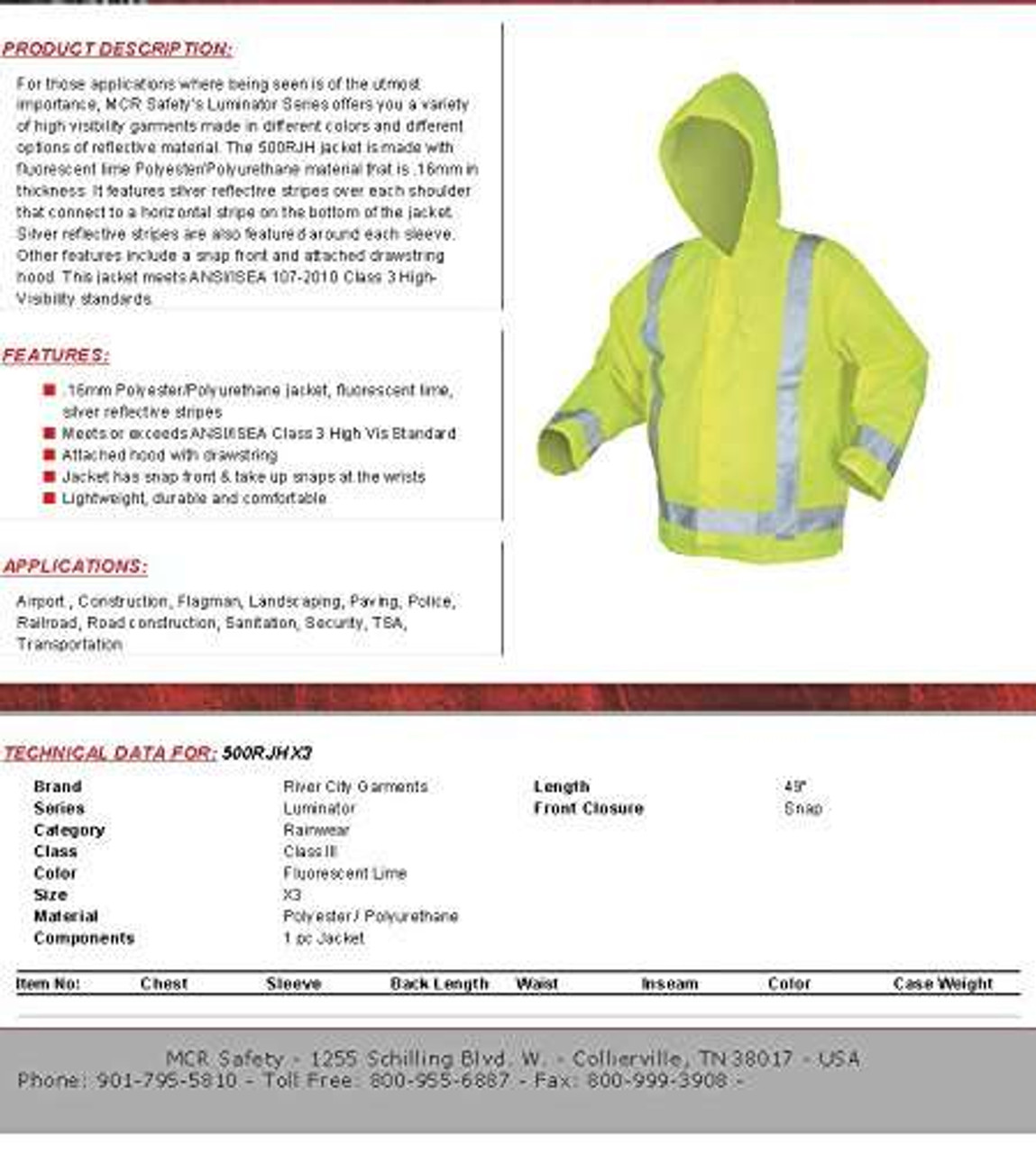 MCR Safety 500RJHL (Size-Large) Luminator Type R, Class 3 Polyester/Polyurethane Jacket with Attached Hood and 3M Silver Reflective Stripes, Lime Green