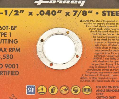 Forney 71802 Cut-Off Wheel with 7/8-Inch Arbor, Metal Type 1, A60T-BF, 4-1/2-Inch-by-0.040-Inch