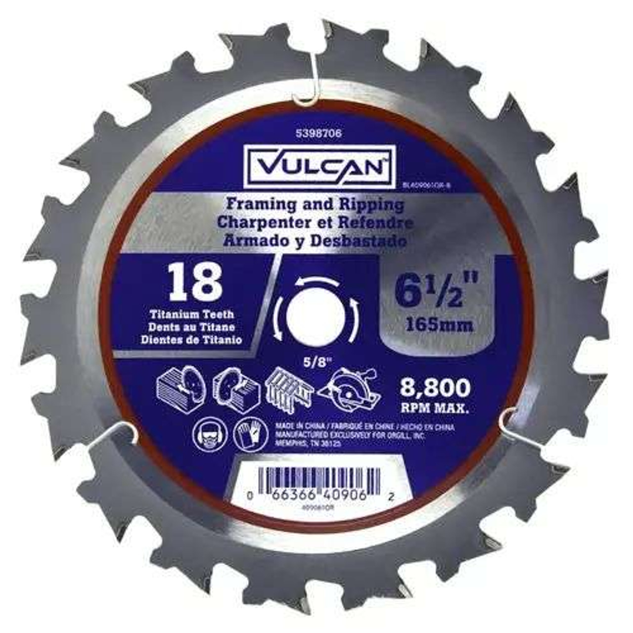 Vulcan 5398706 Circular Saw Blade, 6-1/2 in Dia, 5/8 in Arbor 18 Tooth