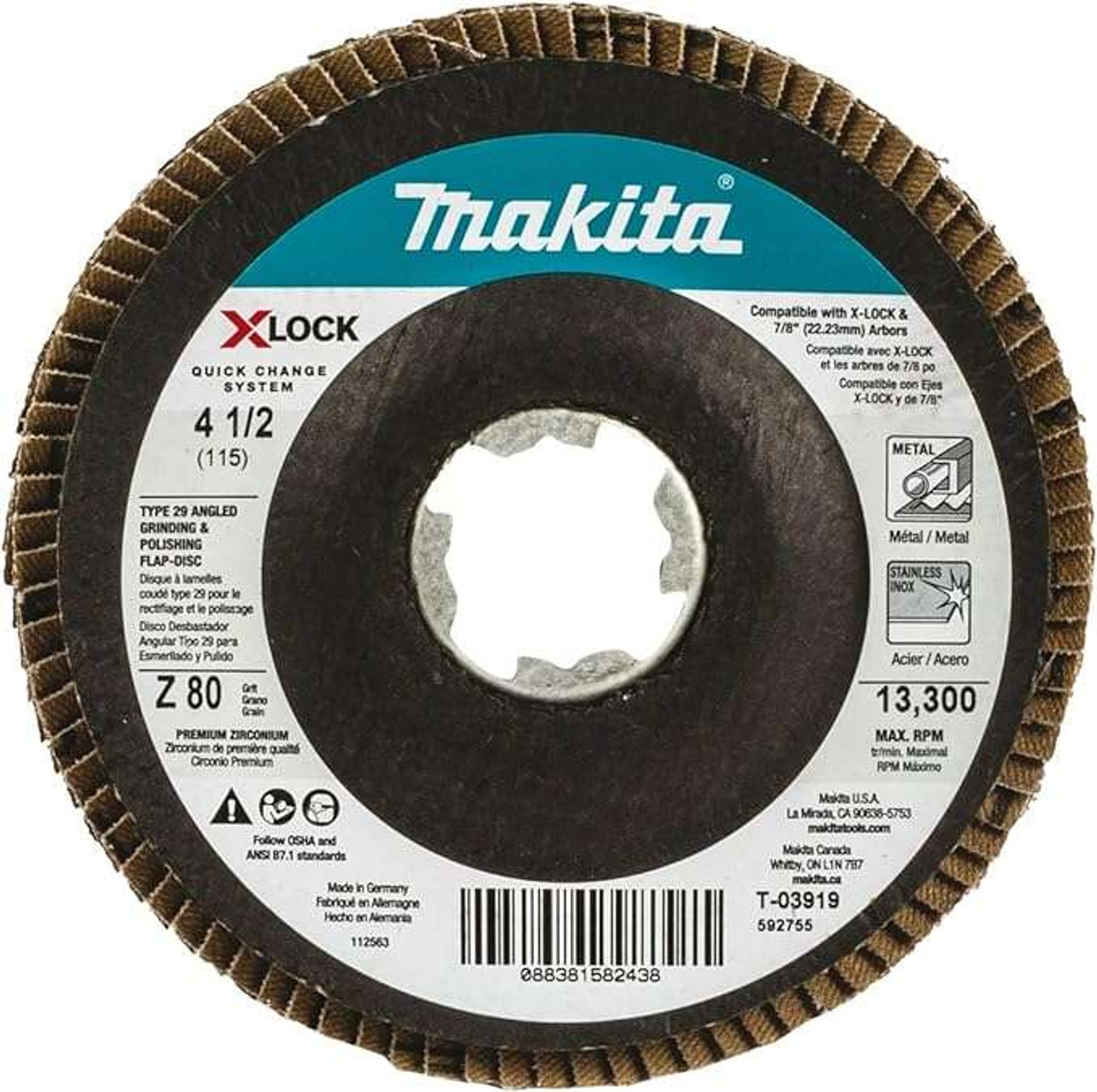 Makita T-03919 4-1/2in X-Lock 80-Grit Angled Grinding & Polishing Flap Disc