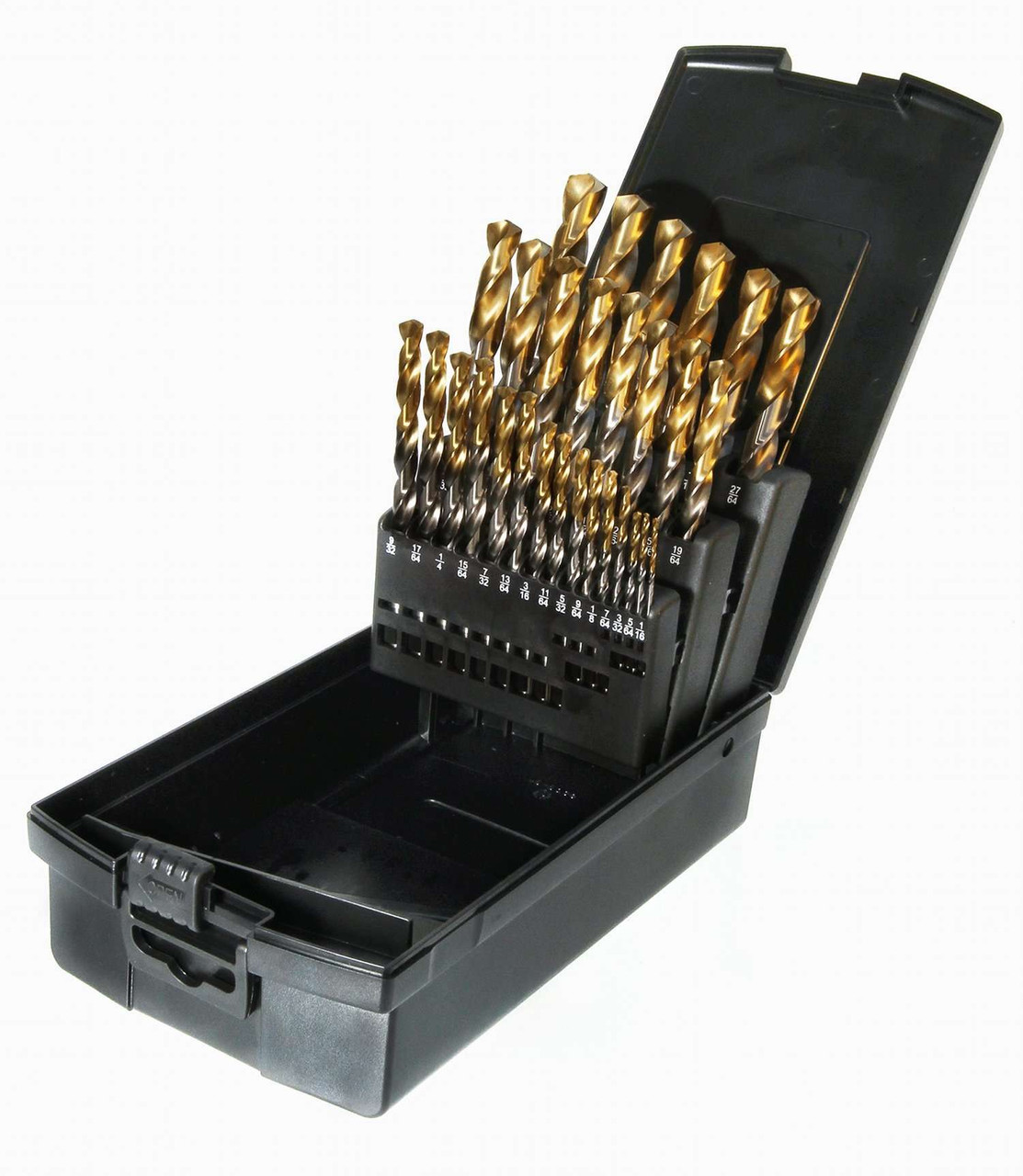 Drillco 450T Series 29 Piece High-Speed Steel Jobber Drill Bit Set, Uncoated (Bright) Finish with TiN Tip, Round Shank, Spiral Flute, 135 Degrees Split Point, 1/16" - 1/2" in 1/64" increments Drillco 450T Series 29 Piece High-Speed Steel Jobber Drill Bit Set, Uncoated (Bright) Finish with TiN Tip, Round Shank, Spiral Flute, 135 Degrees Split Point, 1/16" - 1/2" in 1/64" increments