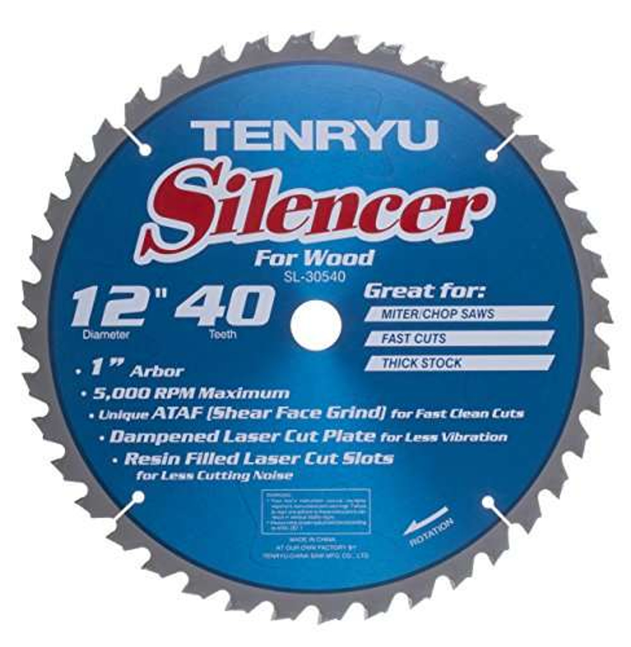 TENRYU, 1 blade, 12" Saw Blade, 40 teeth, 1" Arbor, 5,000 RPM Mas, Dampened Laser-Cut Plate, for Wood ( SL-30540)