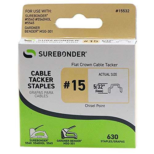Surebonder 1 box.630 ct. #15 Flat Crown Cable Tacker Staples (15532)