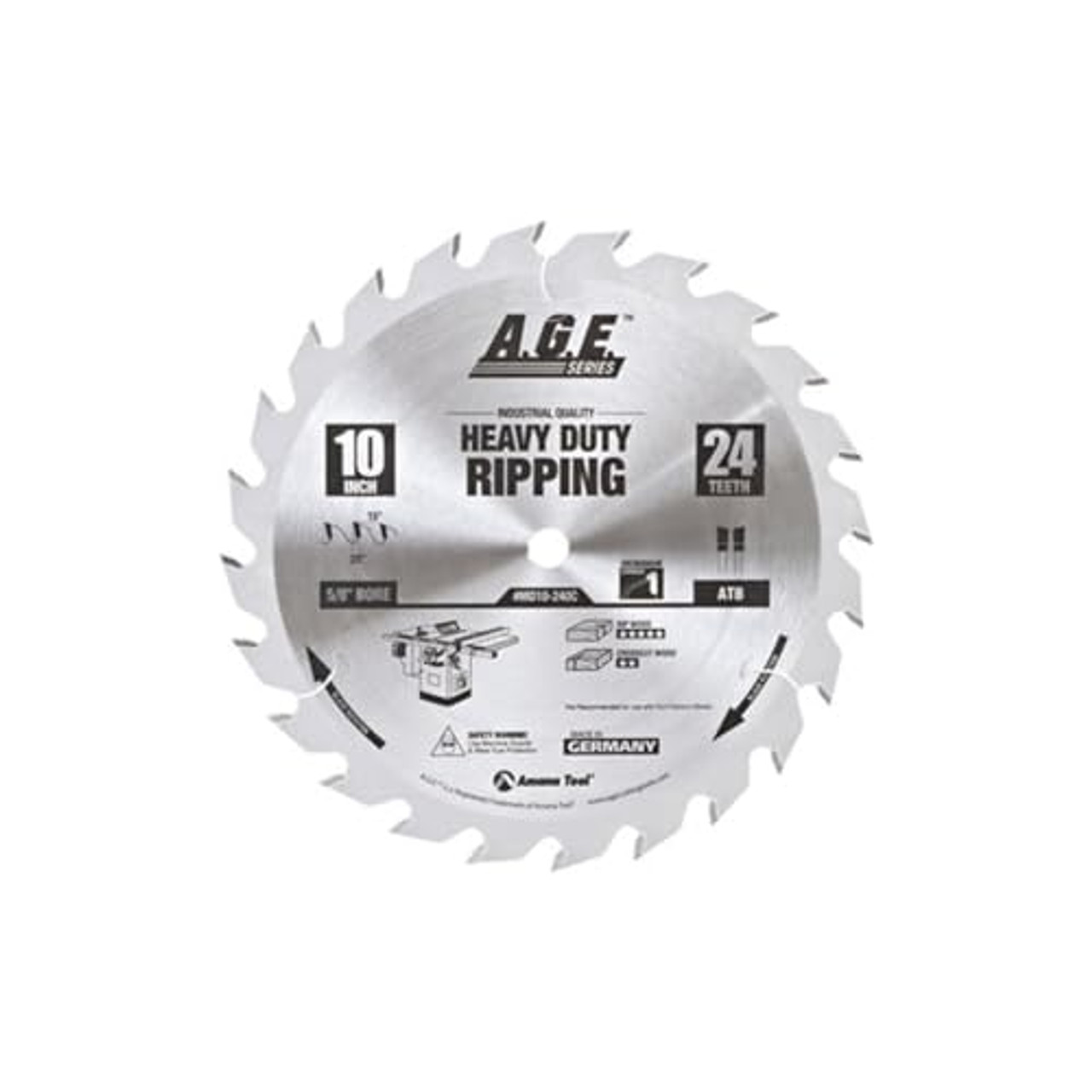 A.G.E. Series, 1 per box- Ripping 10" X 24T Atb 5/8" Bore Carbide Tip Saw Blade, Silver (MD10-240)