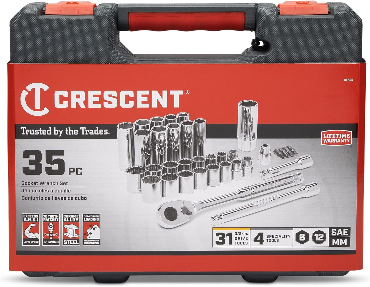 Crescent 35 Pc 3/8" Drive 6 and 12 Point Standard & Deep SAE/Metric Mechanics Tool Set - CTK35