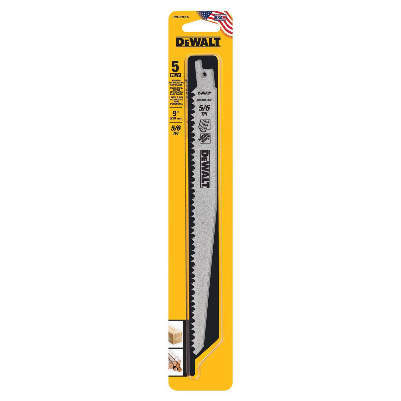 Dewalt (5 per pack) 9" (229mm), 5/6 TPI,  Bi-metal Reciprocating Saw Blades, Pruning & Wood Cutting (DWAR596P5)