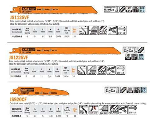 CMT (5 Pack) 8-14 6" TPI Bimetal Reciprocating Saw Blades for Metal, JS123XF-5