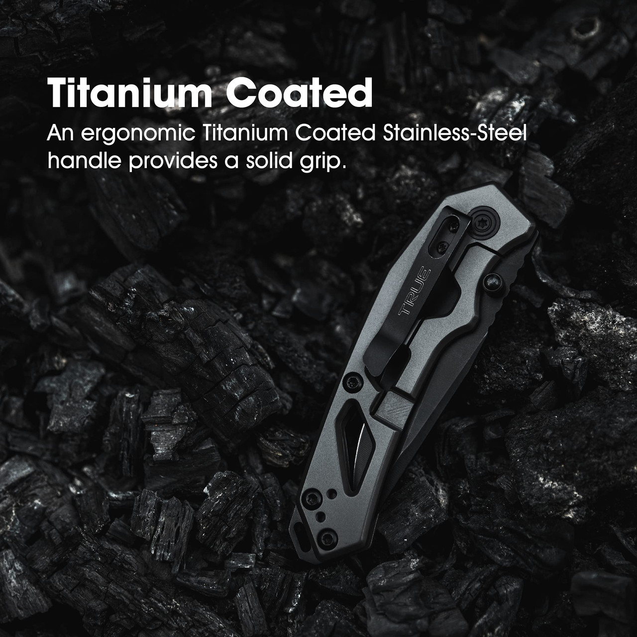 TRUE Tactical Knife, Black Oxidized Blade, Titanium Coated Stainless Steel Handle with Lock Frame