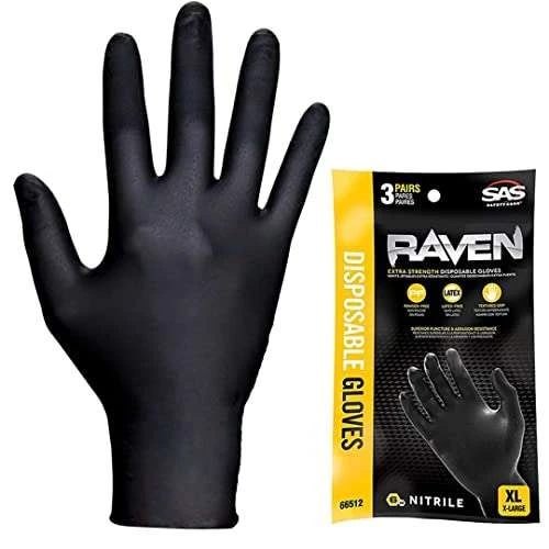 SAS Safety (3 Pair Per Bag) 66512 Raven Powder-Free Nitrile Gloves
