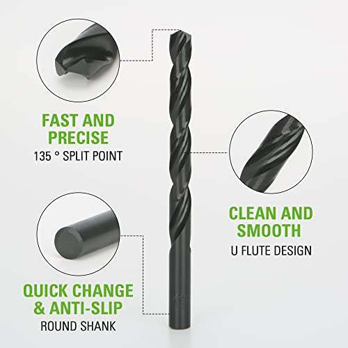 Greenworks 14-Pcs Black Oxide Drilling Bit Set,135 Degree Split Point, Black Oxide Coated, For Plastic, Wood and Metal