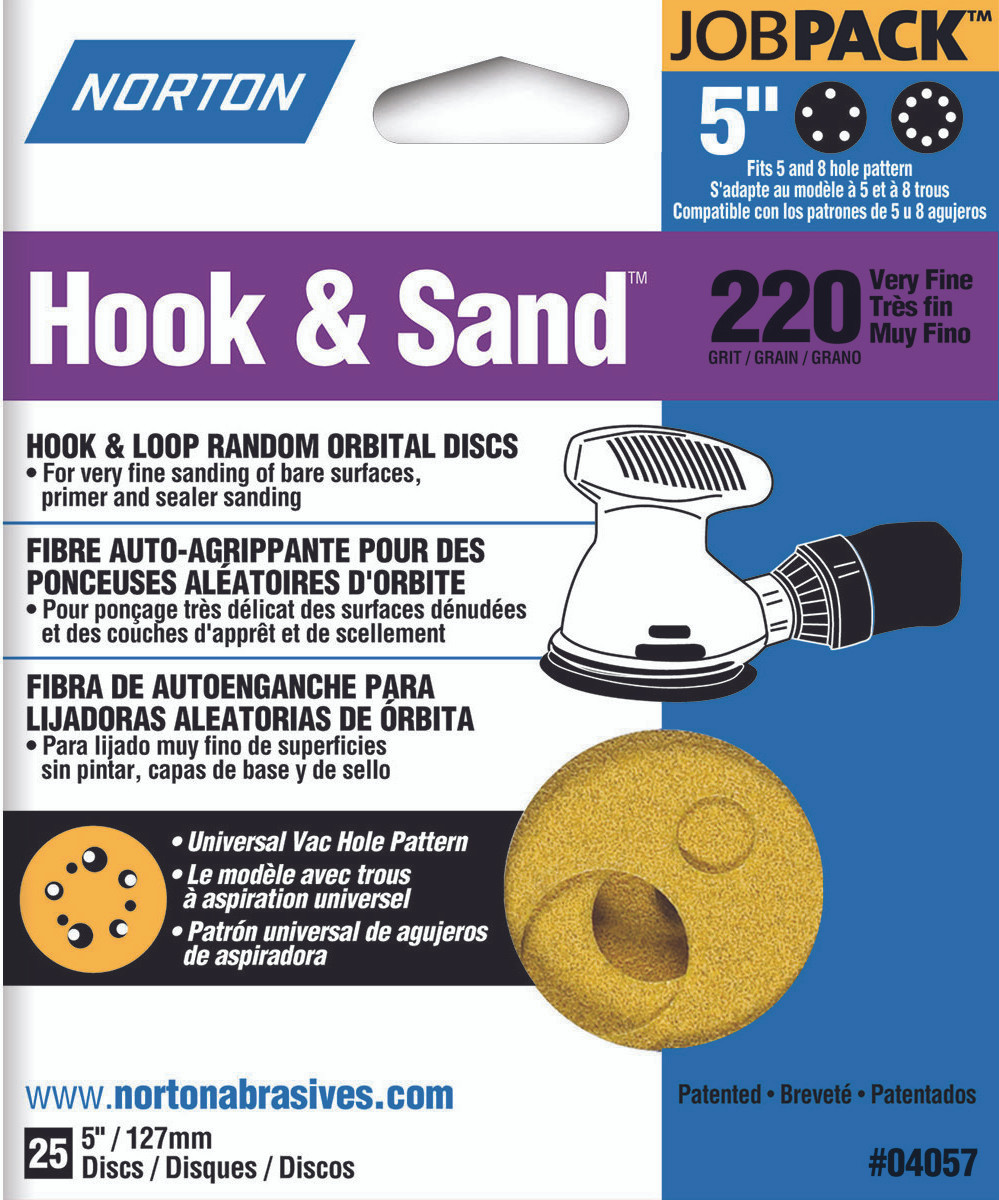 Norton (Pack of 25) Hook & Sand Random Orbital Discs, 5", P220 Grit, 04057