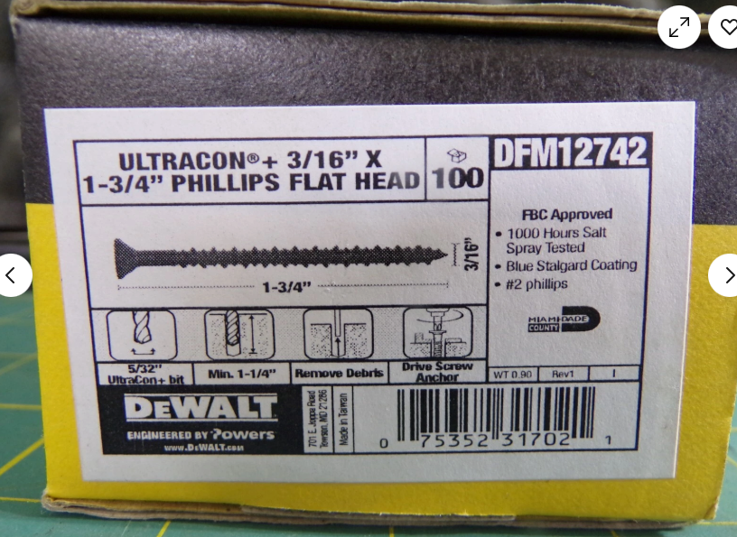 DeWalt (100 PACK)  DFM12742 Concrete Phillips Flat Head Screw Anchors 3/16"x1-3/4" (G)