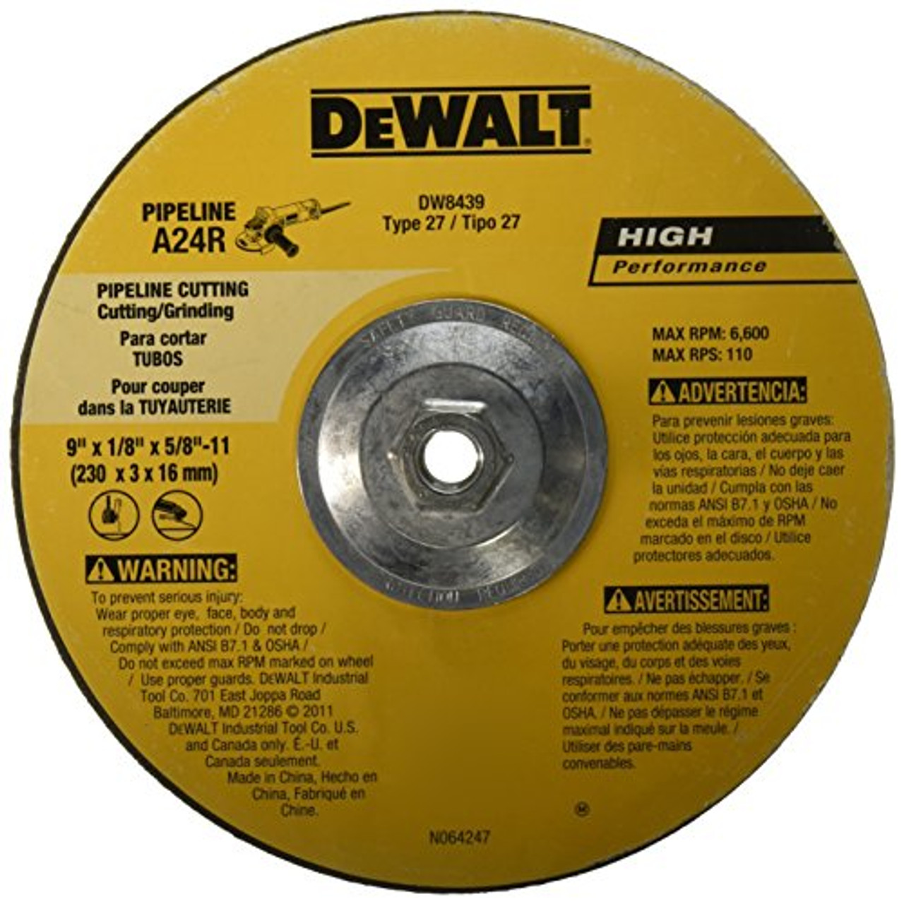 DEWALT DW8439 Pipeline Cut/Grind Wheel, 9-Inch X 1/8-Inch X 5/8-Inch