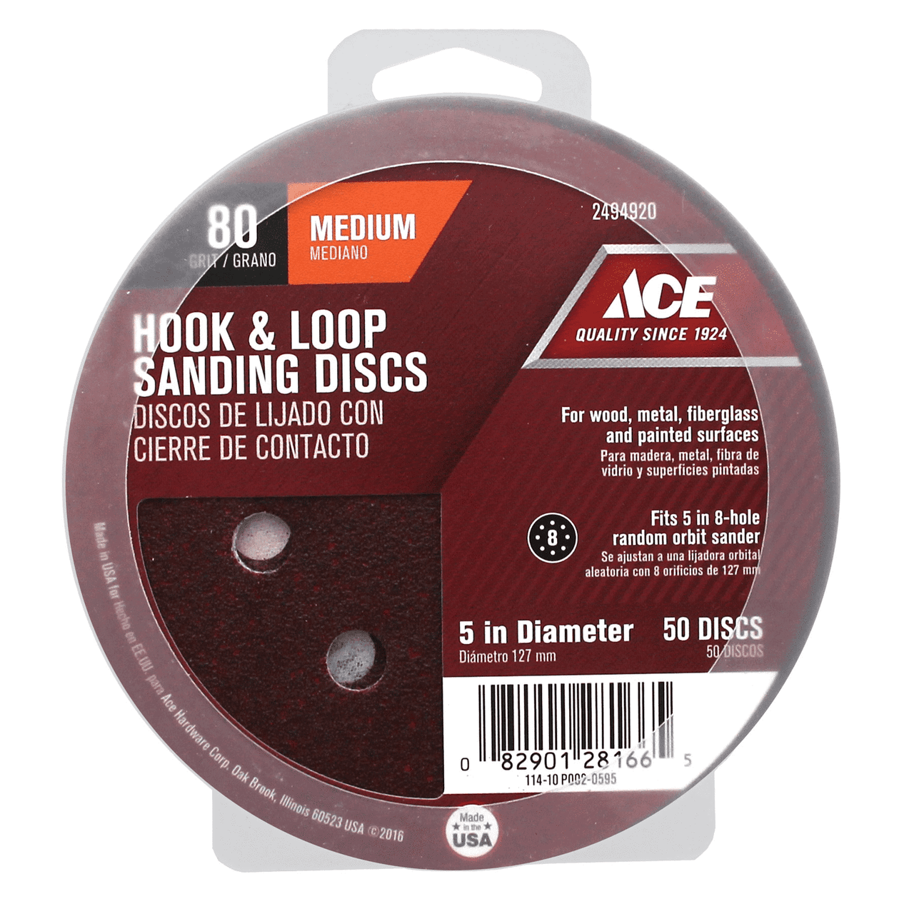 Ace 2494920 5 Hook and Loop Sanding Disc 80 Grit Medium