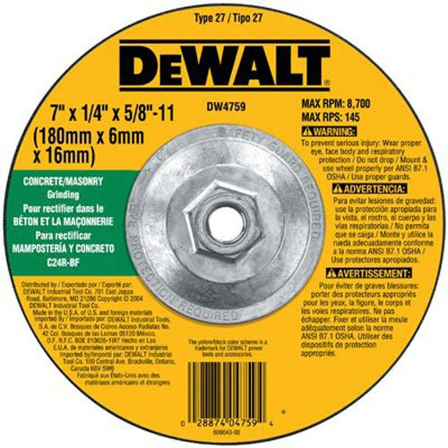 DEWALT DW4759 7-Inch by 1/4-Inch by 5/8-Inch-11 Concrete/Masonry Grinding Wheel