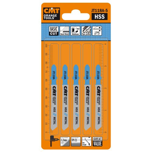 CMT JT118A-5 HSS Basic Fine Straight Cut JigSaw Blades for Metal, 21 TPI, 3", 5-Pack