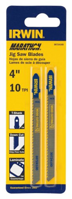 Irwin 3072410D T-Shank Down Cutting Carbon Fleam Ground Jig Saw Blades, 10 TPI, 4", 2-Pack