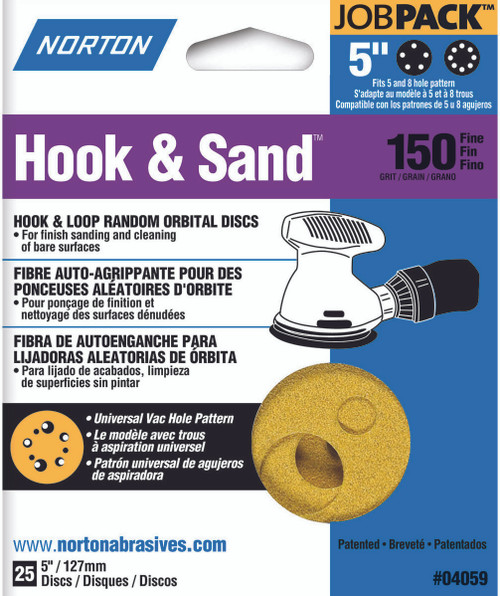 Norton 04059 Hook & Sand Random Orbital Discs, 5", P150 Grit Size, Pack of 25