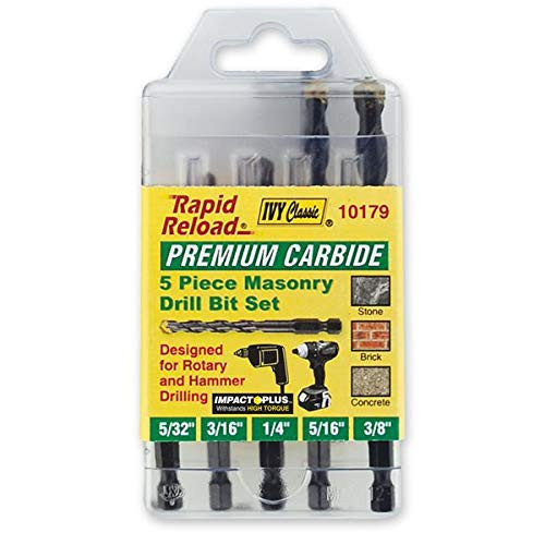 IVY Classic 10179 5-Piece Premium Carbide Masonry Drill Bit Set with 1/4" Hex Power Shank, Sturdy Plastic Case