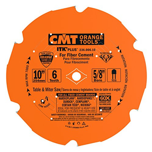 CMT 236.006.10 ITK PLUS Diamond Saw Blade for Fiber Cement Products, 10-Inch x 6 Trapezoidal Teeth with 5/8-Inch Bore, PTFE Coating