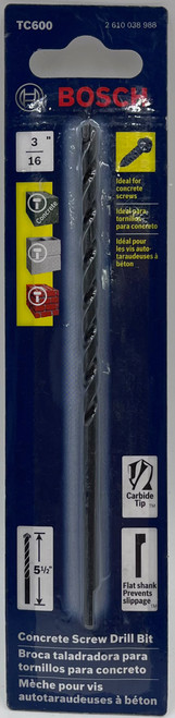 BOSCH TC600 - 3/16" x 5-1/2" Flat Shank Hex Masonry Drill Bit
