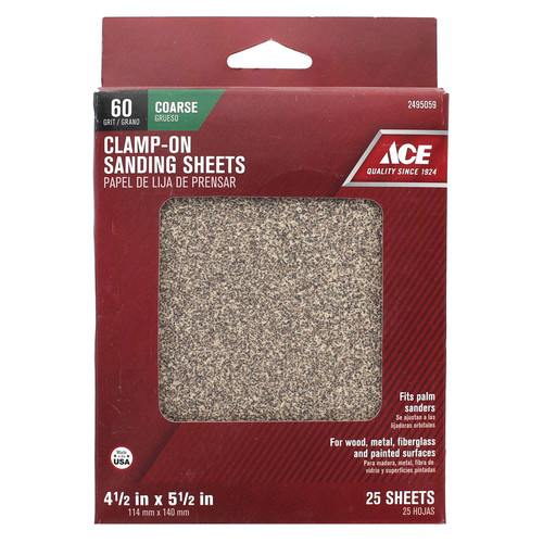 Ace 5-1/2 in. L X 4-1/2 in. W 60 Grit Aluminum Oxide 1/4 Sheet Sandpaper 25 pk