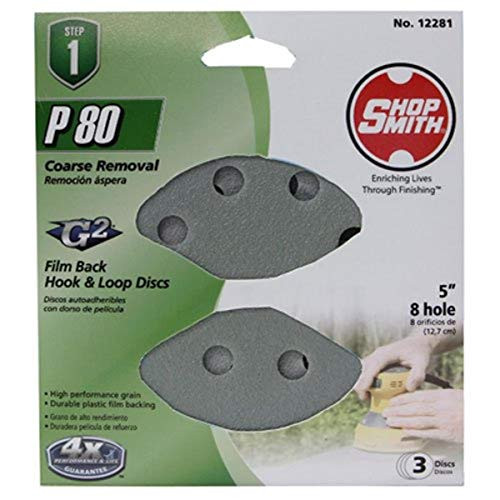 Shopsmith 12281 3 Pack, 5 -Inch, 8 Hole, 80 Grit, Hook and Loop Sanding Disc,