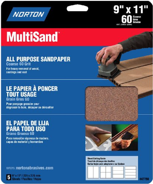 Norton 47750 Multisand Sandpaper 60 Grit, 9-Inch x 11-Inch, 3-Pack