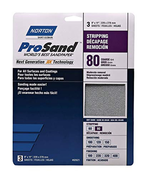 Norton 02621 9" X 11" 80 Grit Sandpaper Sheets 3 Count
