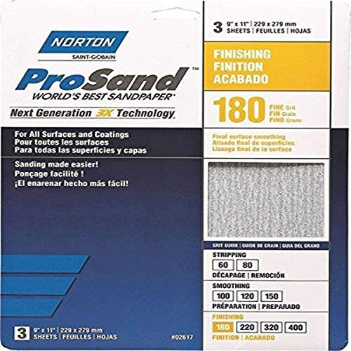 Norton 02617 3X Handy Aluminum-Oxide Sandpaper 180 Grit, 9-Inch x 11-Inch, 3-Pack