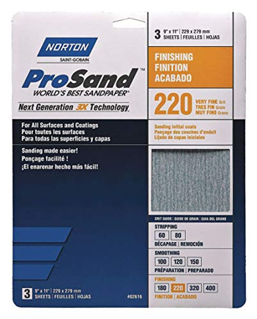 Norton 02616 9" X 11" 220 Grit Sandpaper Sheets 3 Count