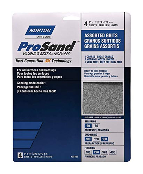 Norton ProSand (4-Sheets) 11 in. L x 9 in. W Assorted Grit Aluminum Oxide Sandpaper, 1 of each 60, 100, 150, and 220 grit, 05386