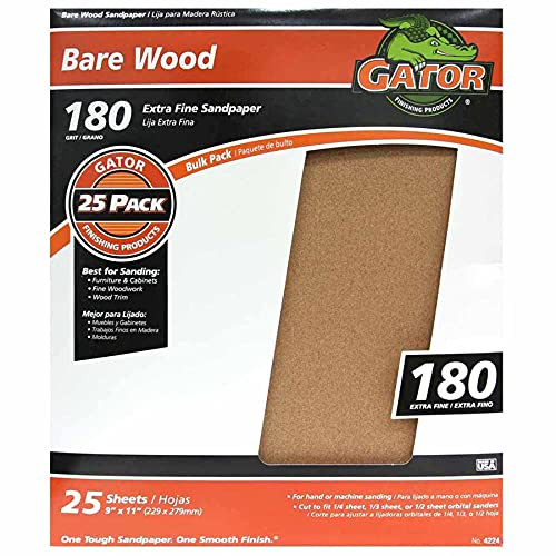 Gator 9" x 11" Bare Wood Sanding Sheets, 180 Grit, 25 Pack