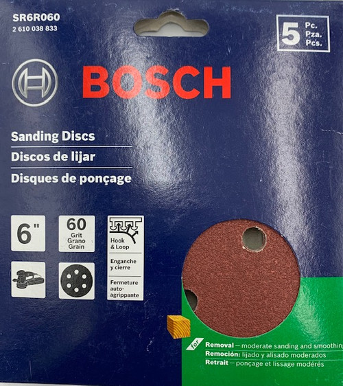 BOSCH SR6R060 5-Piece 60 Grit 6 In. 6 Hole Hook-And-Loop Sanding Discs