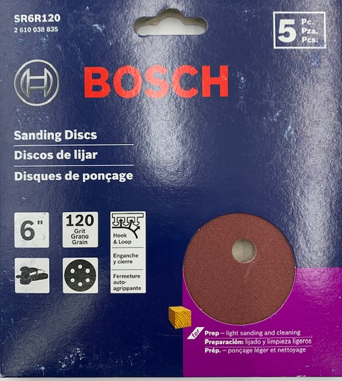 BOSCH SR6R120 5-Piece 120 Grit 6 In. 6 Hole Hook-And-Loop Sanding Discs
