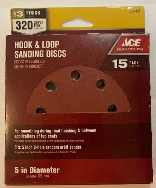 Ace Hook & Loop Sanding Discs 320-Grit Extra Fine 5" 1024446 - (1 Pk of 15 Discs)