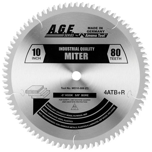 Amana Tool A.G.E. Series MD10-806 Heavy Duty Miter/Double Miter 10-Inch x 80 Tooth 4 ATB+R 5/8 Bore Saw Blade