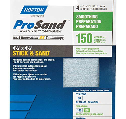 Norton (05312) ProSand Stick & Sand 4-1/2 in. L x 4-1/2 in. W 150 Grit Medium Aluminum Oxide Sanding Sheet, (1Pk of 4-Sheets)