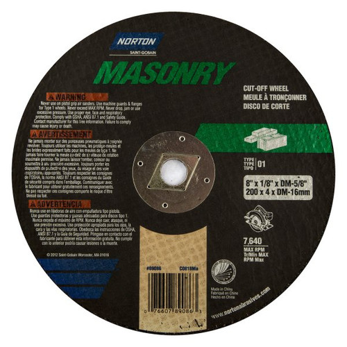 NORTON (89070) Masonry Cut-Off Wheel: 8" Dia, 1/8" Thick, 5/8" Hole, Silicon Carbide