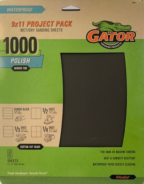 Gator (4046) 9" x 11", 1000 Grit Mirror Fine Waterproof Sandpaper, 1-Pack/5-Sheets