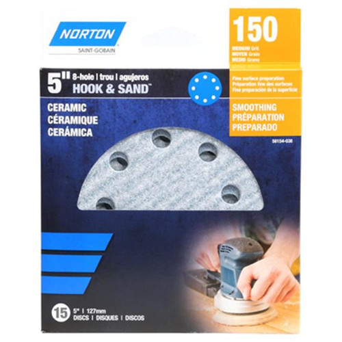 Norton 50154-038 8-Hole Ceramic Sanding Discs, 150 Grit, 5-In., 15-Pk. - Quantity 1